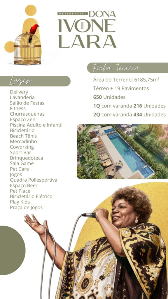 Ficha técnica do Residencial Dona Ivone Lara: 650 unidades de 1 e 2 quartos com varanda, térreo mais 19 pavimentos e lista de lazer